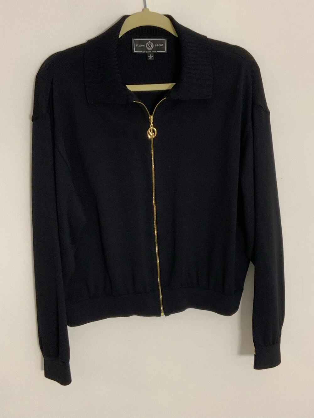 St John Sport Black Textured‎ Knit Gold Button Jacket Cardigan Size large